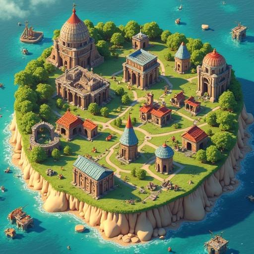 Visualization of a Polytopia inspired isometric civilization game with a small tribe settlement on an expansive 2D map. The image features various buildings, vibrant greenery, and unique landscapes influenced by biomes.