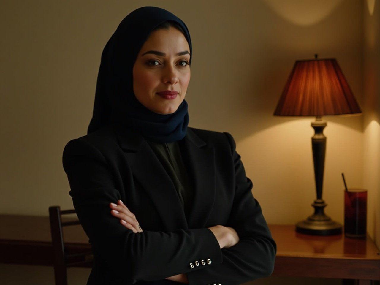 The image features a woman in a formal outfit, standing with her arms crossed. She is wearing a dark suit and a dark hijab, which complement each other. The background appears to be a warmly lit room with a lamp, suggesting a cozy or professional atmosphere. A wooden surface is visible behind her, possibly containing a drink. The focus is on her confident posture, conveying a sense of professionalism and strength.