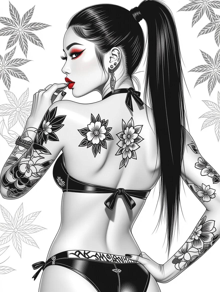 Image of a hot asian model in an edgy bikini. She has a high ponytail and bold makeup. The model's body is decorated with tattoos. The style is black and white comics. The perspective shows the model from the back.