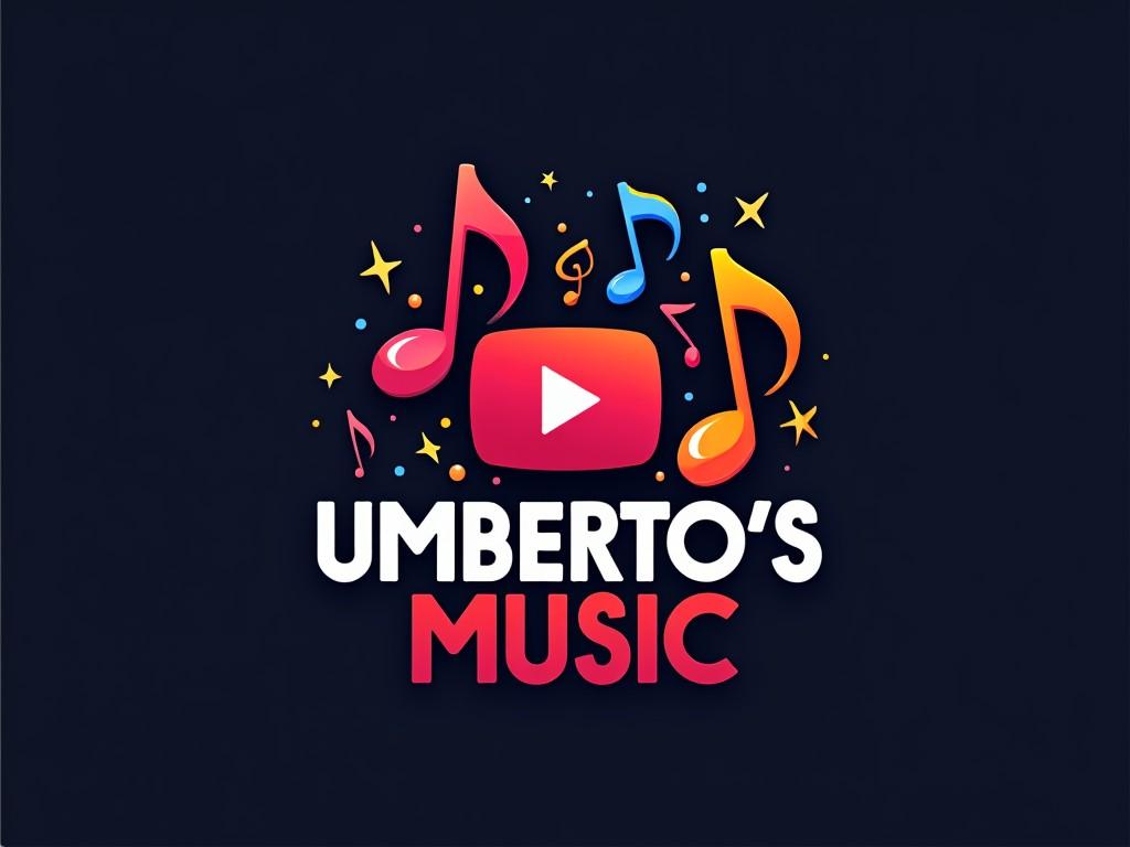 A vibrant and colorful logo featuring various musical notes surrounding a prominent play button icon. Below, the text 'Umberto's Music' is displayed in bold letters. The overall design uses a dark background that enhances the bright red, blue, and yellow hues of the musical elements and text.