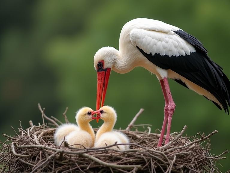 A stork is feeding its hungry chicks in a nest. The chicks have open beaks. The stork has a striking red beak and feathers that are white and black. The nest is made of twigs and is set against a blurred green background.