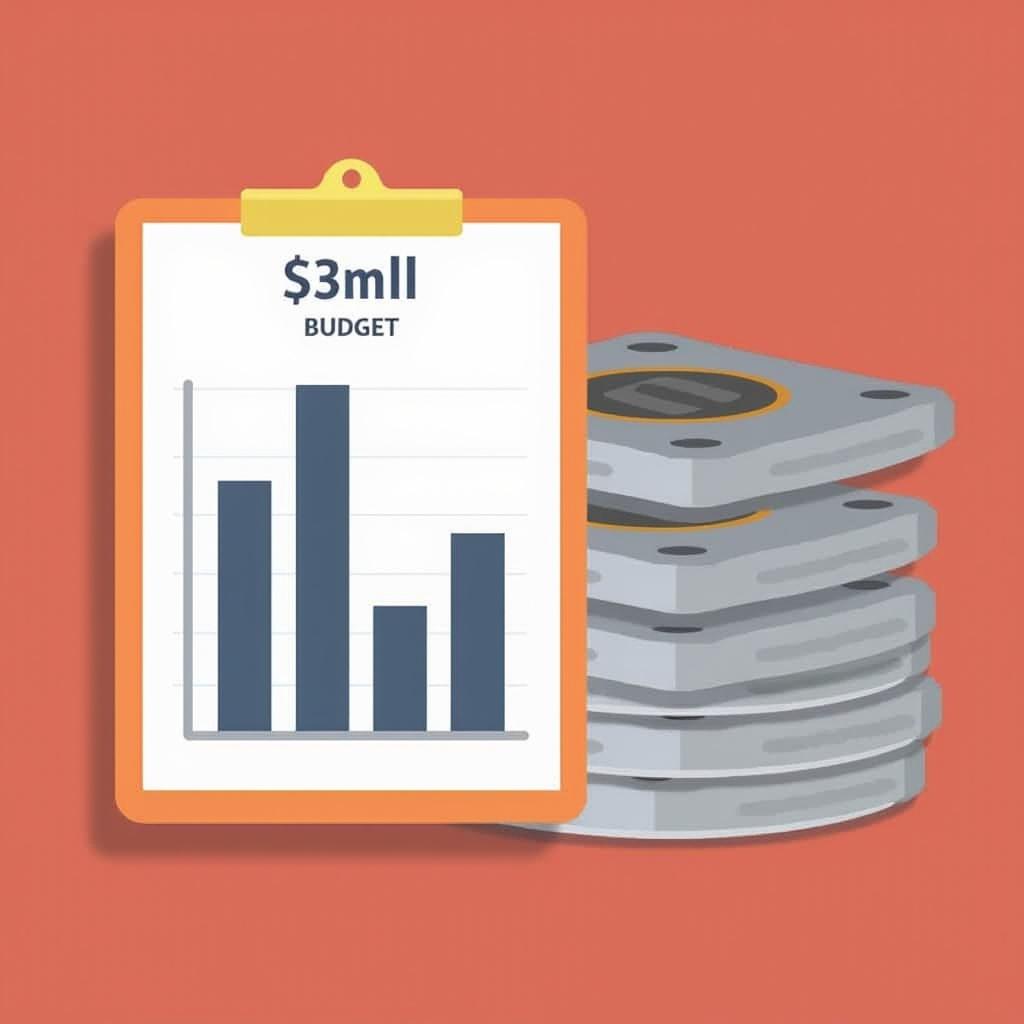 Budget representation with a chart and stacks of coins. A clipboard features a bar graph indicating budget amounts. The background is a solid color.