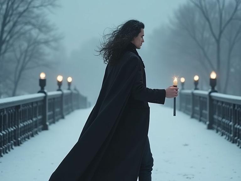 A tall man with long, voluminous dark hair walks away. He wears a fitted black coat and flowing cape. In one hand, he holds a candle against the wind. The scene is a snowy bridge enveloped in mist. The shot captures hair and clothes flowing in slow motion.