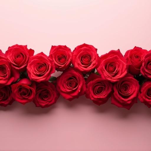 Horizontal arrangement of vibrant red roses viewed from above. Roses tightly arranged with no green leaves. Each rose is fully bloomed with detailed petals. Background is soft and minimal. Space above is clear for karaoke text. Elegant and romantic style suitable for karaoke video.