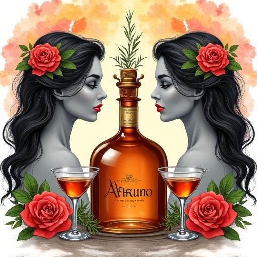 Stylized illustration featuring symmetrical layout with two women in profile. Women have long hair with flowers, skin in grayscale. Central copper distillation apparatus. Below, apothecary bottle of 'Alfruno' liqueur with amber liquid and elegant label. Flanked by two glasses of liqueur, surrounded by roses and rosemary. Background with warm watercolor hues.