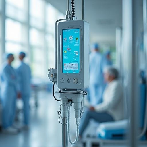 Image of a permacath dialysis machine in a hospital setting. Medical staff are present in the background engaged in care.