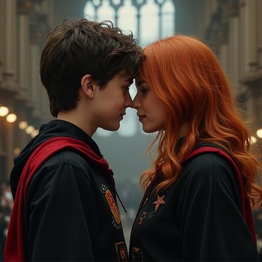 Image features two young characters in wizard robes with Hogwarts symbols. Boy with messy hair and glasses gazes at girl with wavy orange hair. They are close, about to share a peck.