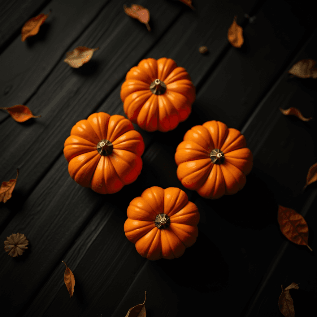 Four bright orange pumpkins arranged neatly on a dark wooden surface, surrounded by scattered dried autumn leaves.