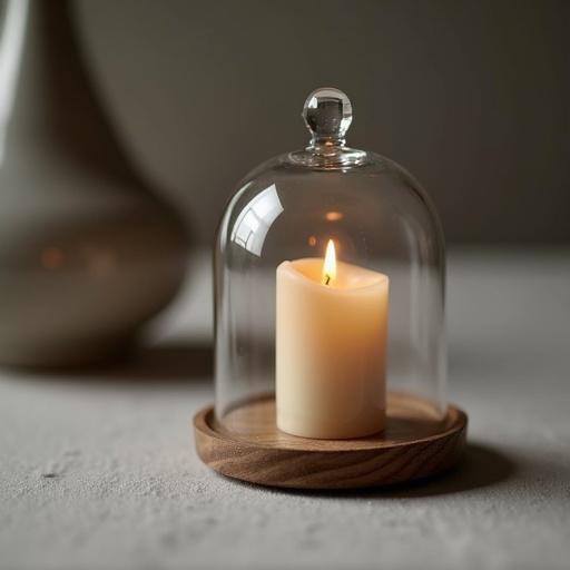 Candle in glass cloche on a table. Under glass dome. Miniature product photo. Cream color scheme. Hero shot with full-length view. Decorative product composition.