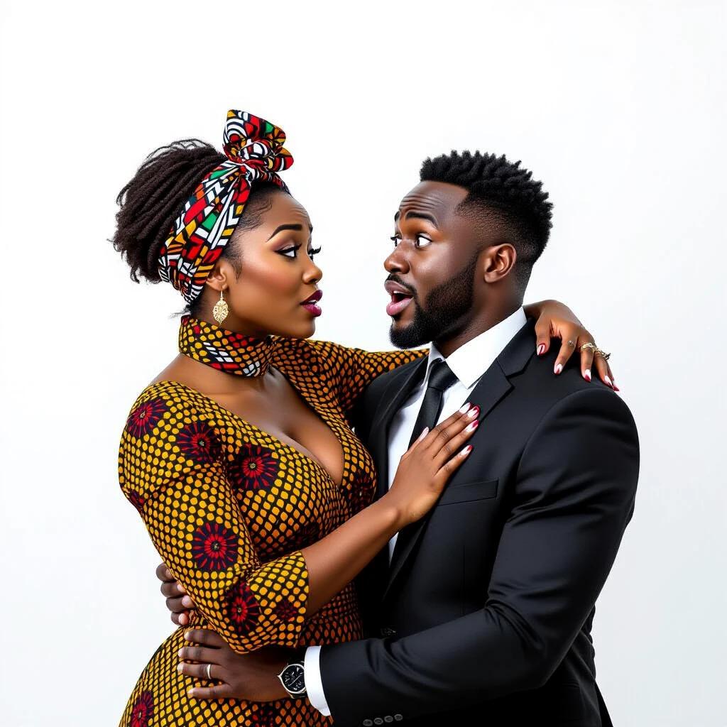 Professional photo shoot featuring a thick dark-skinned African woman angrily holding a man on his chest. She wears an African patterned dress and scarf. Man in a black suit and black tie over a white shirt. Their faces are close with the man looking scared and surprised. Soft diffused lighting and plain white background.