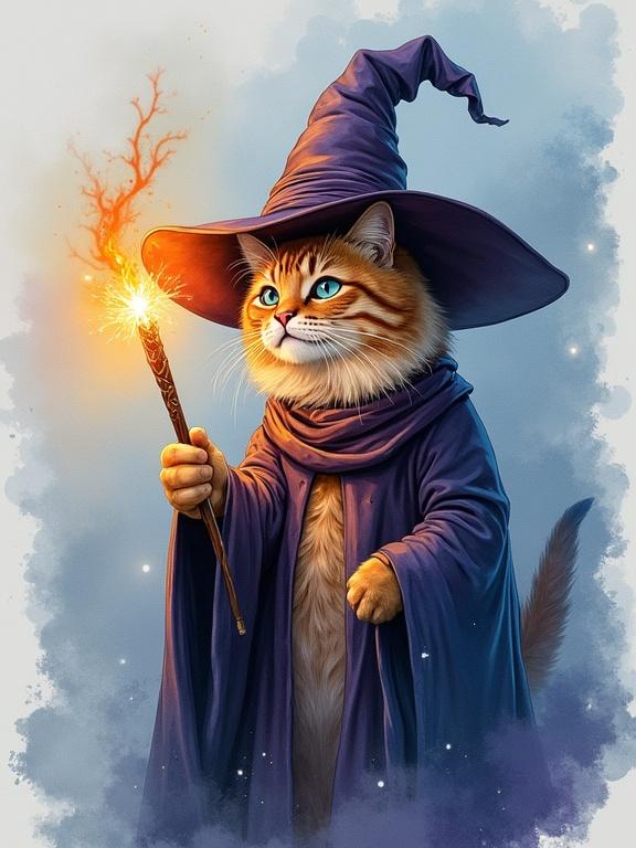 Watercolor painting depicts a whimsical cat dressed as a wizard. Cat wears a large purple hat and a flowing robe. Cat holds a glowing wand in one paw. Background has soft pastel colors.