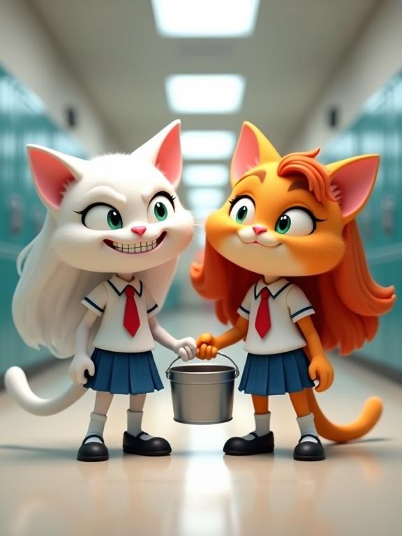 Two female humanoid cats in a school hallway. One cat has white fur and long hair. She wears a white shirt red tie and blue skirt. She grins evilly and holds a bucket. The other cat has orange fur and long hair. She wears the same uniform and has a similar grin. The hallway has bright lighting and polished floors. The scene suggests mischief and playful antagonism.