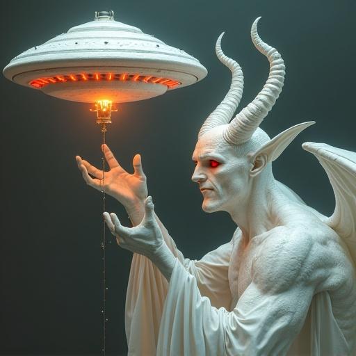 A white devil with shiny red eyes stands imposing. He holds his hand above a saucer-shaped UFO. The scene has dramatic lighting and a menacing atmosphere.