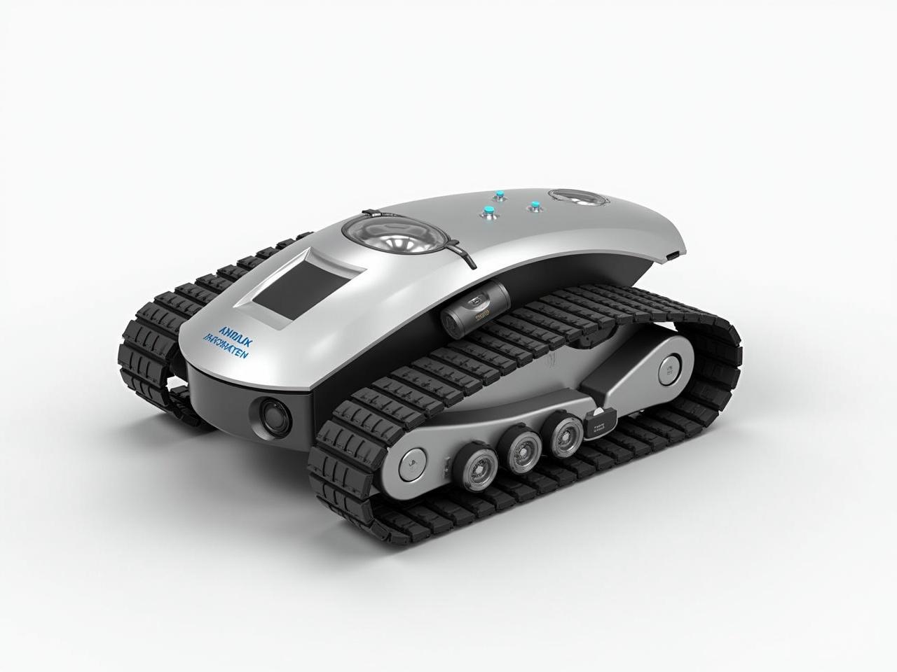 This image shows a modern robotic device designed for mobility and versatility. It features a sleek, metallic body with a streamlined shape. The robot is equipped with tracks instead of wheels, allowing it to traverse various terrains effectively. There are multiple sensors and controls noted on its surface, indicating its advanced functionality. The design combines aesthetics with practicality, showcasing a blend of technology and engineering.