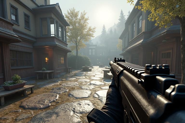Create a first-person shooter game scene with realistic graphics. The weapon is positioned on the right side, showcasing an urban environment with fog and soft sunlight.