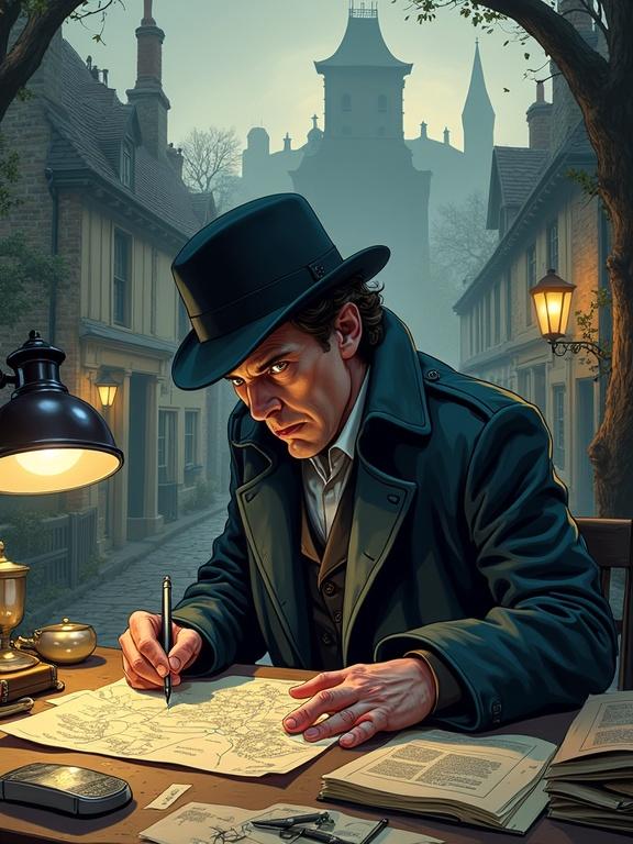 Illustration of Sherlock Holmes engrossed in solving a mystery. He wears a coat and hat. A desk has notes and maps. His expression is focused. Background includes a village with cottages and a house. Atmosphere is intriguing and suspenseful. Includes silhouette of Mr. Henderson.
