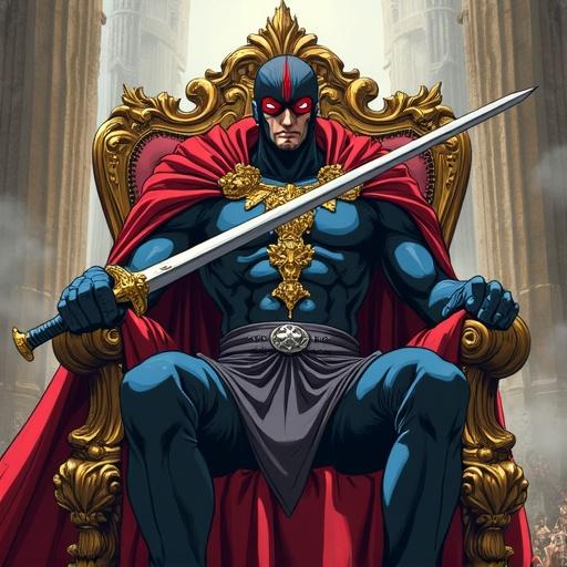 Dibujo de un personaje fuerte sentado en un trono. Tiene una espada grande en sus manos. El estilo es anime con una atmósfera épica.