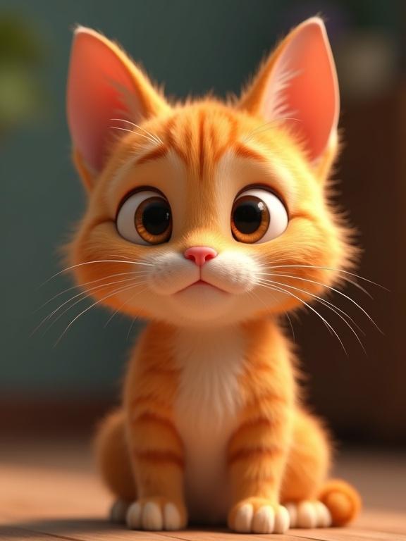 Close-up view of a 3D rendered orange tabby cat with big eyes and a deadpan expression. Cat is anthropomorphic and sitting down. Soft lighting and shadows enhance the cat's features. Focus on the cat's face in the center of the image.