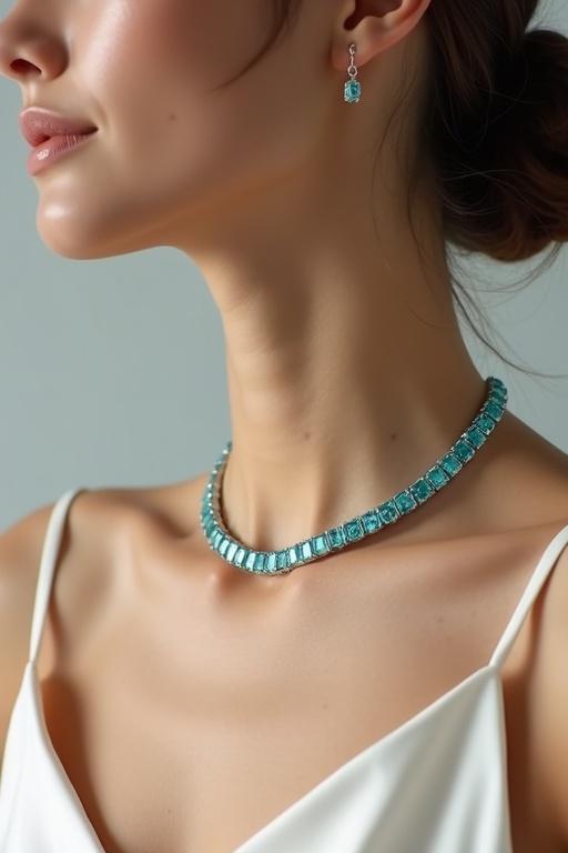 Photorealistic image of a refined female model with fair-to-olive skin and sleek low bun. She wears an 18k white gold tennis necklace with cushion cut aquamarines. Model is in ivory silk camisole. Relaxed elegant posture. Soft natural lighting highlights the necklace. Background is light gray with texture.