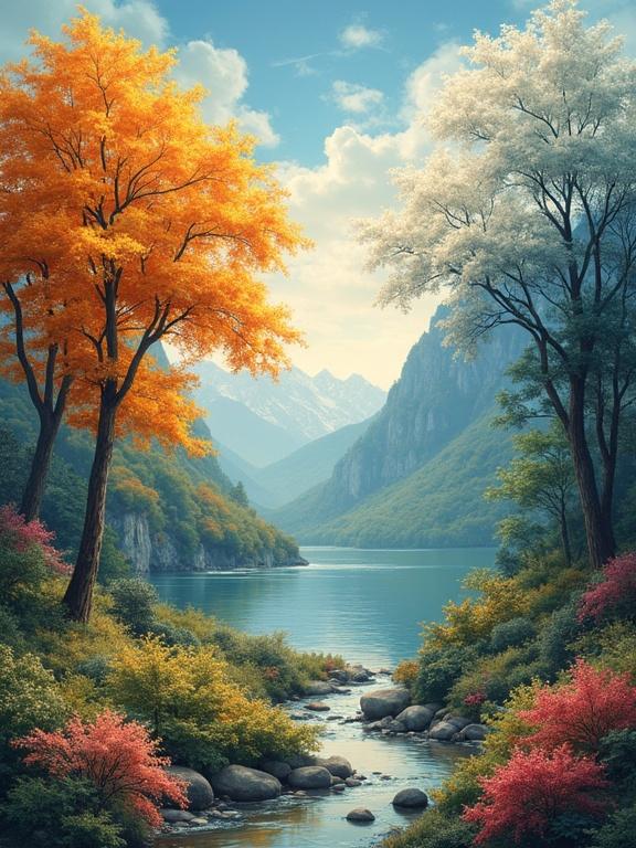 A serene landscape depicting the four seasons. Features vibrant orange and yellow autumn trees and snowy white trees. A calm river flows through lush greenery leading to majestic mountains in the distance.