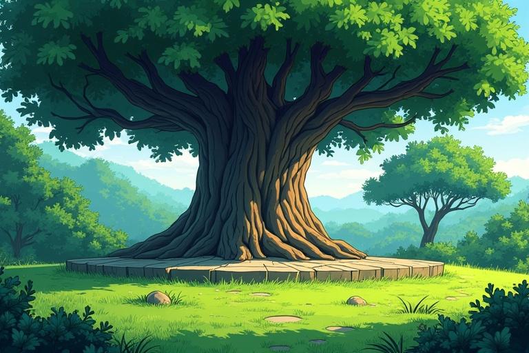 Create an image of a jungle scene with a large banyan tree as the central focus. Beneath the tree is a stone platform. The ground is covered in lush green grass. Small shrubs are scattered across the area and several trees appear in the background. The time is early morning with a fresh and calm atmosphere. Draw this in the style of a 1980s classic anime with sharp lines and vibrant colors.