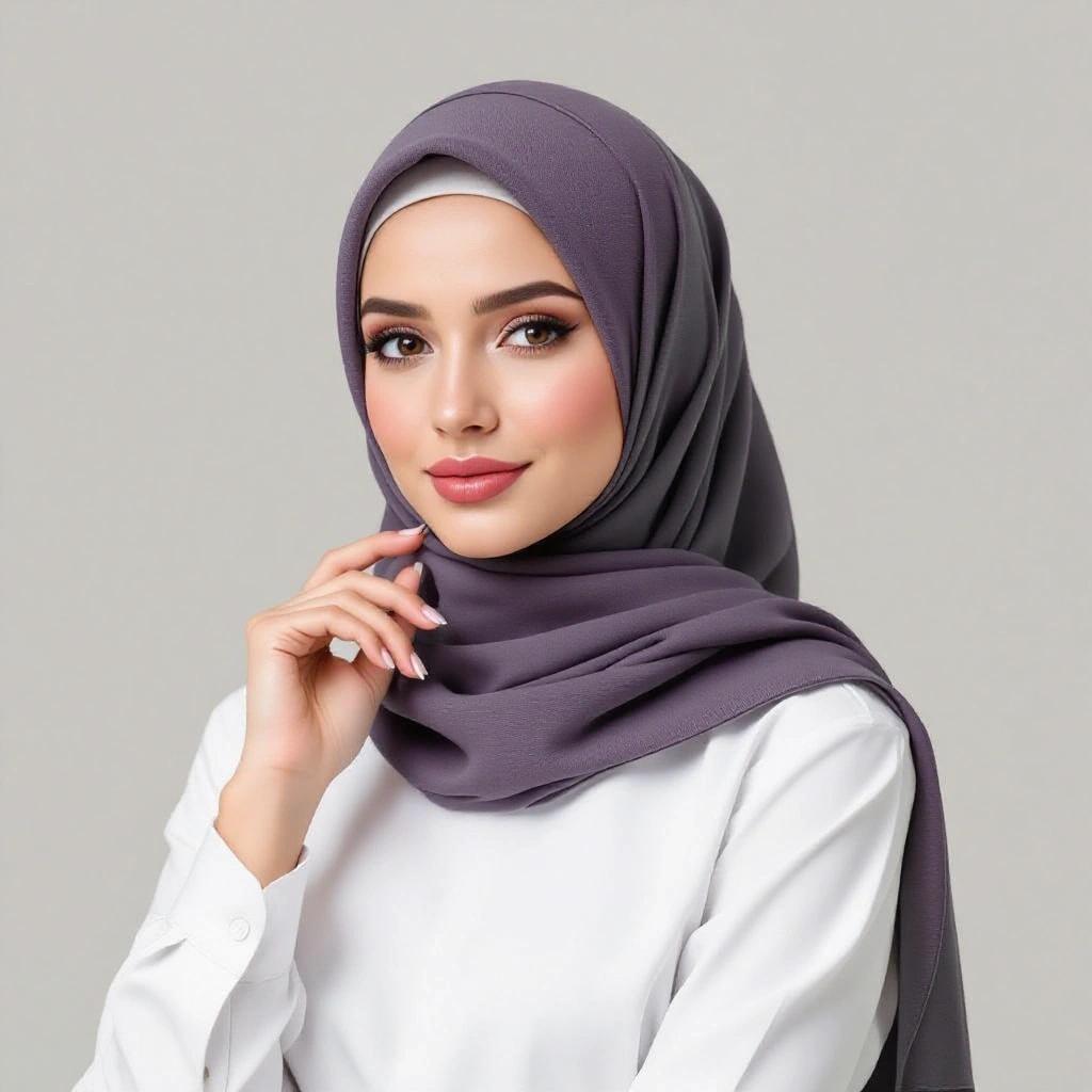 Portrait of a woman wearing a gray hijab and white blouse. The woman has a natural makeup look. She is posing thoughtfully with her hand on her chin.