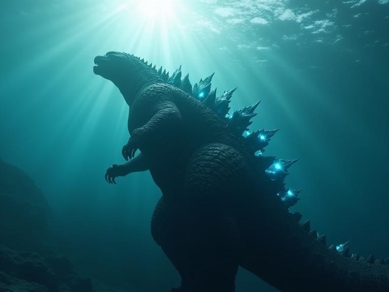 Side view of Godzilla swimming underwater. Textured skin has intricate details. Dorsal fins glow with a blue light. Cinematic lighting creates a dramatic underwater scene. Sun rays penetrate the deep ocean water. Very realistic appearance. Image has a 16:9 aspect ratio.