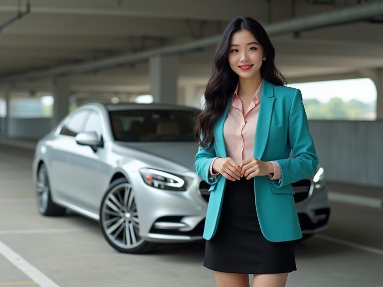 Photorealistic image in an outdoor parking garage during the day. A glamorous young Chinese car saleswoman stands next to a silver estate car. She wears a turquoise blazer over a blush-pink blouse and a black skirt. She has long black hair and is professionally dressed. The atmosphere is luxury and style, with good lighting highlighting the scene.