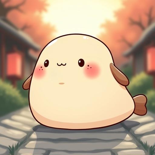 Original character named Uomaru with soft rounded body and kawaii aesthetic. Cream colored body with black eyes and small nose. Red cheeks and brown ears. Brown dorsal fin and rounded tail. Background features stone path, lanterns, and soft evening light.