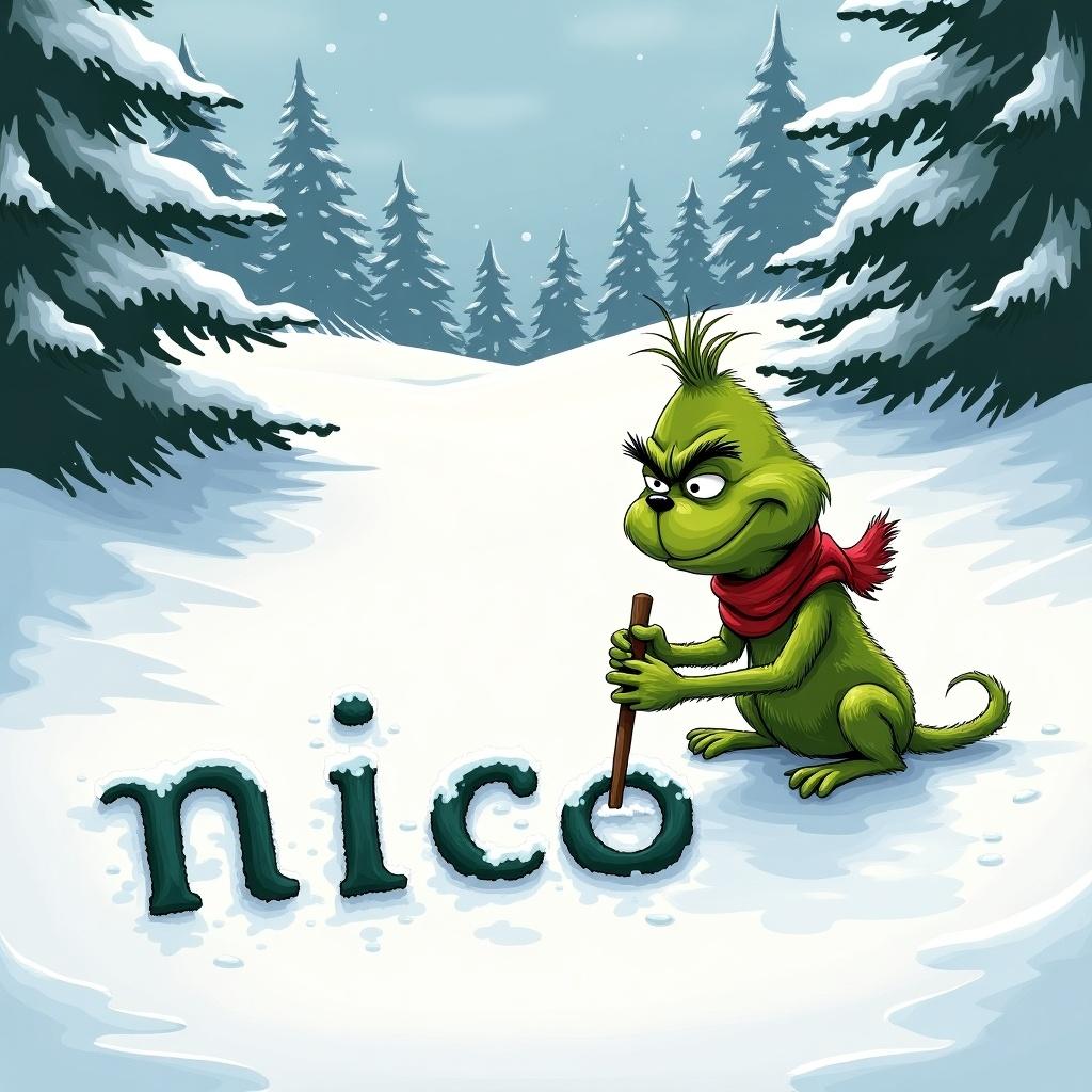 Grinch character writing name Nico in snow using a stick. Snow-covered hills are visible with evergreen trees in the background. Grinch is green, wearing a red scarf.