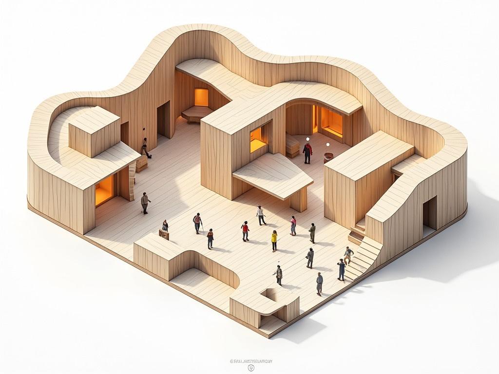 Axonometric drawing of a 50m² interactive exhibit. Inspired by wave-like organic shapes. Features modular forms resembling Richard Serra's sculptures. Includes interactive touch panels and illuminated puzzles. Incorporates sensory play areas and secret doors. Designed for accessibility and inclusivity. Structures are 3 meters tall. Modular design allows independent navigation. Walls have textured surfaces and integrated technology. Dynamic layout enhances visitor engagement. Clean modern aesthetic with detailed annotations for clarity.