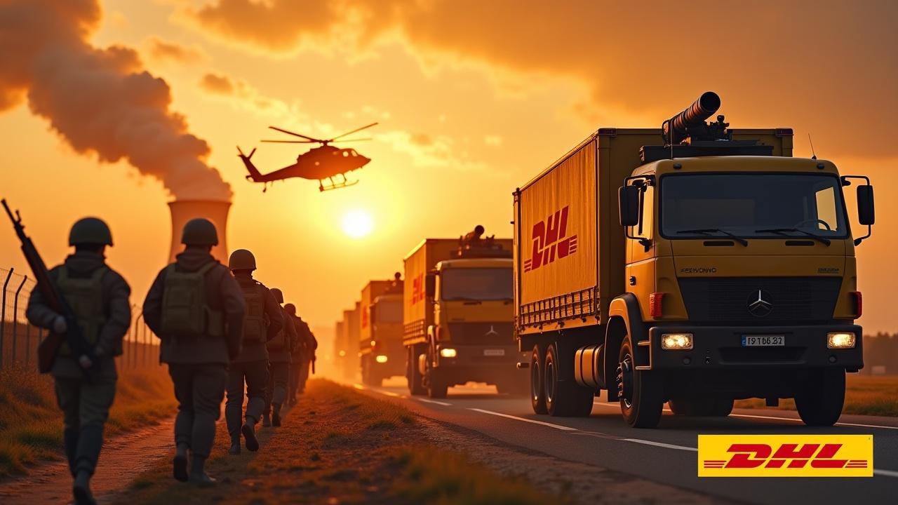 In a dramatic scene, several DHL delivery trucks drive up to a military bunker. The delivery trucks have cannons mounted on their roof. Nearby, several DHL delivery men holding rifles are seen marching together in unison. In the background, we can see a nuclear power plant. The sky is illuminated by the fiery sun, and a DHL cargo helicopter flies above, adding to the intensity of the scene. At the bottom, we see the DHL logo, displayed in bold, yellow text.