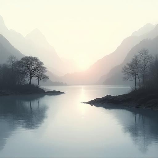 Minimalist landscape painting of a pond scene with smooth visual elements. Limited color palette focuses on soft blues and greys. The setting evokes tranquility.