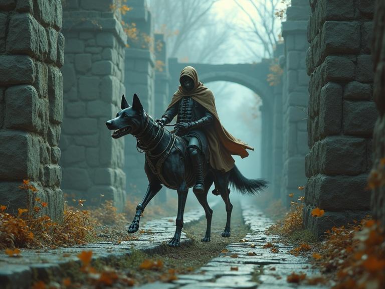 A captivating image featuring a robotic skeleton dog riding a real dog in a labyrinth with stone walls. Scene includes winding paths and a blend of cyberpunk and fantasy styles, enhanced by atmospheric lighting in vibrant digital art.