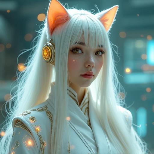 Hyper-realistic portrait of a woman with feline features and divine qualities. White silver hair and golden vertical cat eyes. Wearing a futuristic white lab suit with kimono elements. Golden cat-ear neural interface headpiece and glowing cybernetic tattoos. Surrounded by holographic displays in a high-tech shrine-laboratory. Soft ambient lighting and floating data symbols.