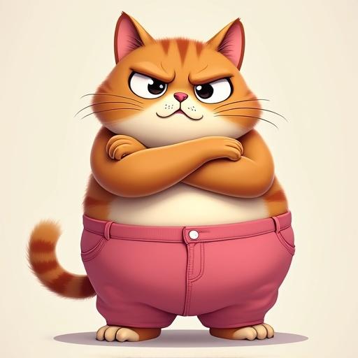A chubby cat wearing oversized pink pants stands with arms crossed. The cat has an angry expression and has stripes on its back. The character appears cartoonish and cute, with a fluffy tail and a round face.