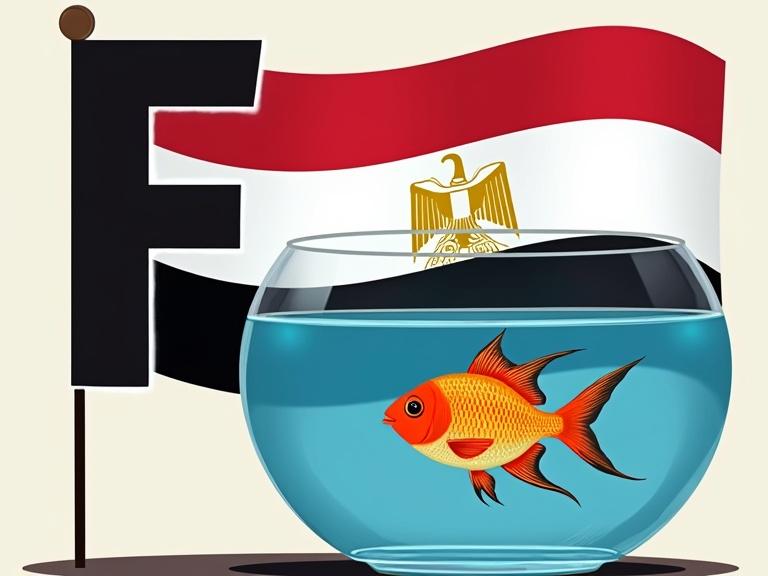 Capital letter F represents Egypt flag waving in wind. Small letter f resembles small fish swimming next to flag. Colorful fish swims in fishbowl underneath flag.