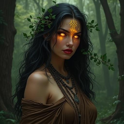 A powerful woman with dark hair intertwined with vines and green leaves. Face adorned with yellow tribal markings around her glowing orange eyes. Lips painted red. Dressed in a brown garment with layered necklaces. Standing in a dense dark forest with trees and foliage.