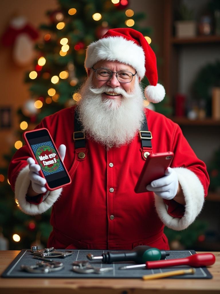 Santa Claus wearing red overalls and a Santa hat holds a red smartphone. Screen displays Merry Christmas message. Tools are on a repair mat. Christmas tree is in the background creating a happy atmosphere.