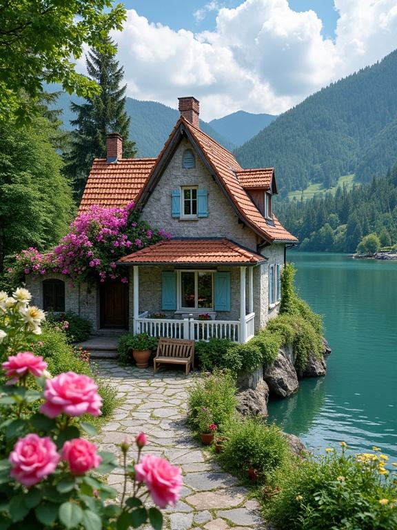 Charming cottage situated by a serene lake surrounded by lush forest. Steep roof with reddish-brown tiles and brick chimney. Walls made of light gray stone. Covered porch with white railings and light blue shutters. Climbing flowers in pink and purple. Colorful flower boxes. Stone path leading to the cottage. Tall trees and rolling hills in the background. Tranquil turquoise lake. Pink and white roses in the foreground. Overall color palette is peaceful and enchanting.