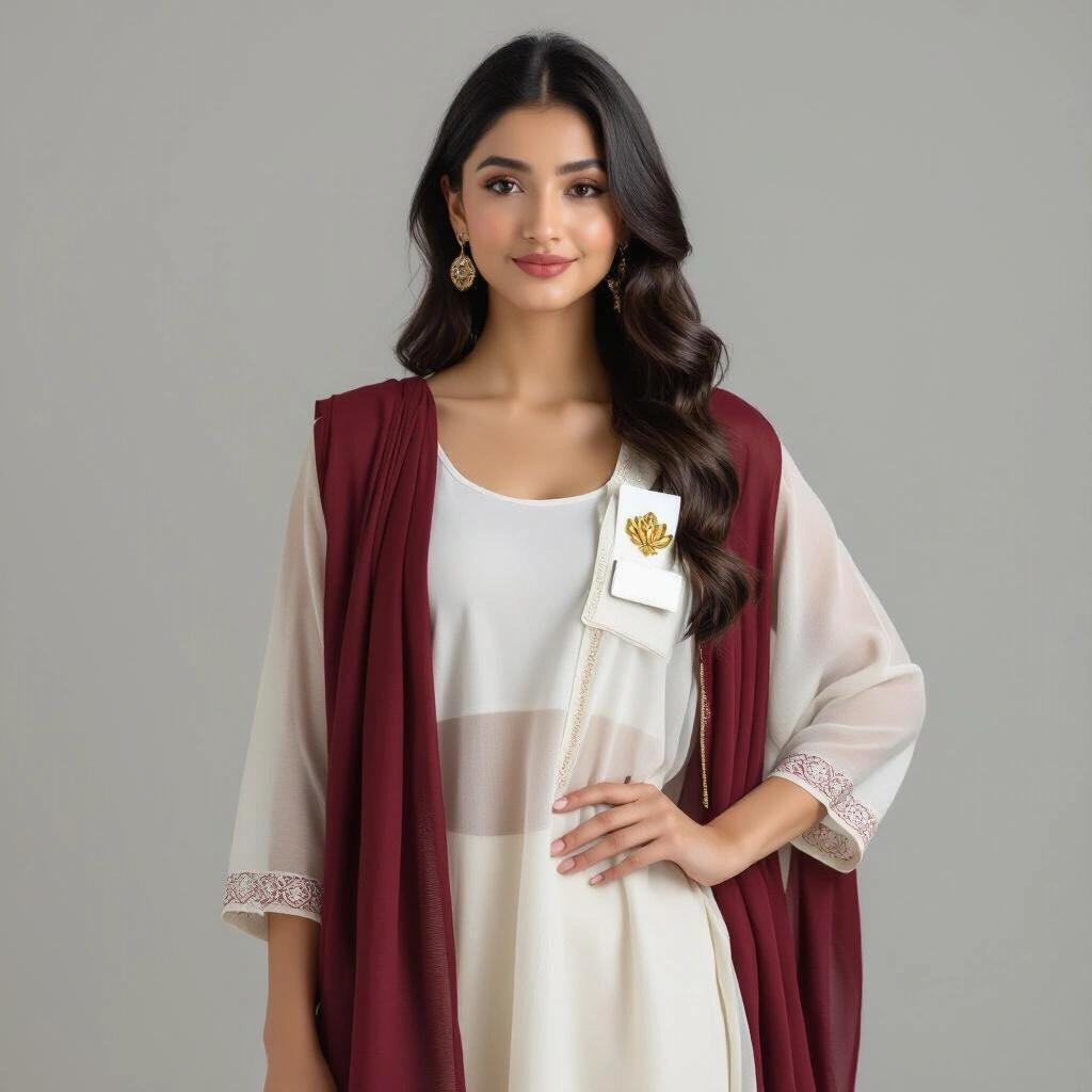 Photorealistic image of a young woman in her 20s. She wears a knee length sheer cotton kameez. Maroon dupatta drapes from her right shoulder to knees. Maroon pants and white sneakers complement her outfit. A white rectangle name tag is on her right shoulder with a golden lotus crest above it. Fabrics are sheer to reveal skin, showing a low cut white tank top underneath. Young woman has fair skin, silky black hair, and body measurements of 34-26-38. She is not chubby and stands in front of a white background.