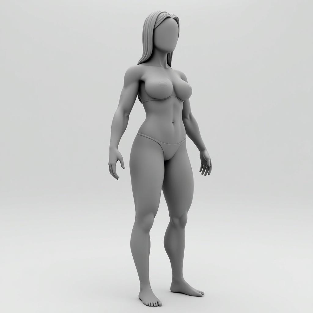 The image depicts a stylized 3D model of a semi-muscular female figure. She stands in a neutral pose, showcasing exaggerated features such as defined muscles and a strong physique. The model is rendered in shades of gray, which gives it a sculptural appearance. The background is minimalist, allowing the figure to be the main focus. This representation could be used in various applications like animations, video games, or fitness promotions.