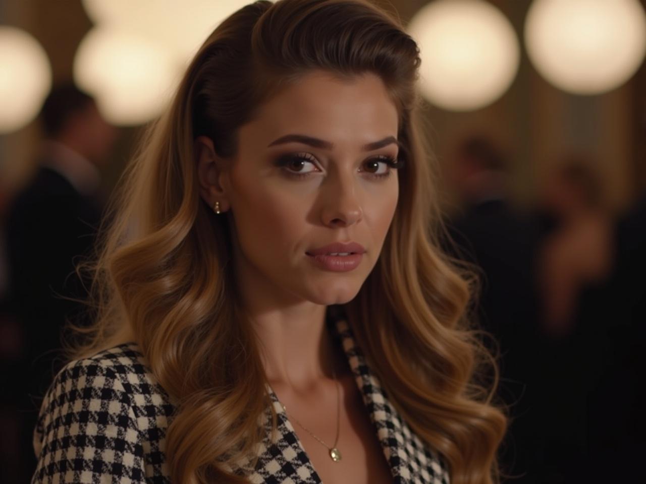 The image features a person with long, wavy hair styled elegantly. They are wearing a checkered blazer that gives off a chic vibe. The background is softly blurred, with some round lights creating a warm atmosphere. This suggests that the setting may be a social event or gathering. The focus is primarily on the individual, providing a sense of intrigue. Overall, the composition conveys a sophisticated look and feel.