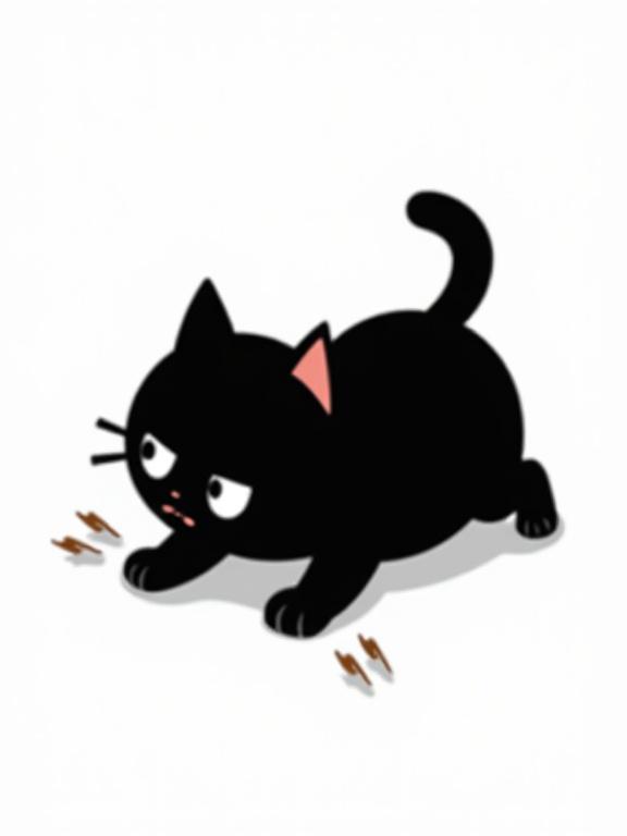 Black silhouette of a Kawaii-style cartoon cat sliding across the floor with claws extended. Tail curved. Eyes wide and panicked. Minimalist playful style. White background or transparent. Works on black and white surfaces.