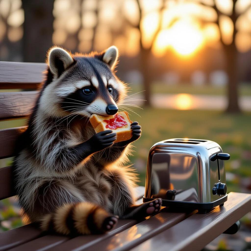 Detailed portrait of a raccoon on a bench at sunrise. Raccoon eats toast with jam and gazes at a toaster. Soft sunlight creates a glow around them.