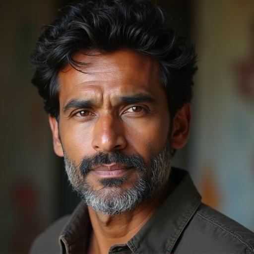 Headshot of a middle aged Indian man with facial hair and warm expression in soft light. Focus on facial features and emotions.