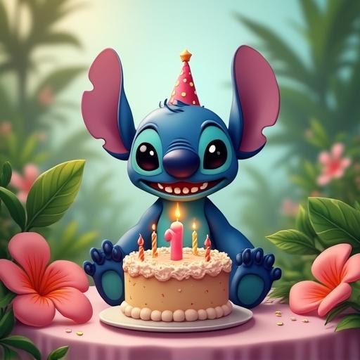 Cartoon character of Stitch celebrating a birthday with a cake. Background features tropical plants and flowers. Text indicates age as five.