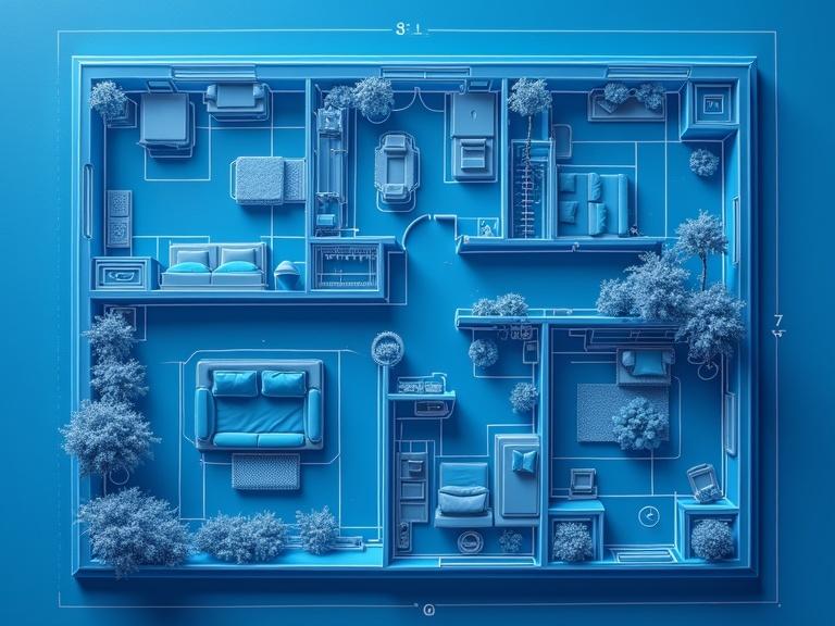 A flat architectural blueprint of a modern villa interior. Top-down view displayed on a classic blue blueprint sheet. Clean white line sketches illustrate detailed room layouts such as living room, kitchen, bedrooms, bathrooms, and hallways. No colors except blue background and white lines. Technical and schematic style.