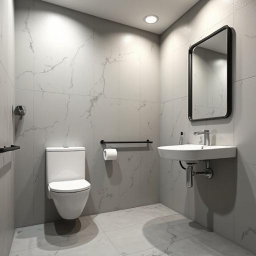 Interior view of a modern accessible bathroom. Features include a wall-mounted sink, toilet, mounted toilet paper holder, and a large mirror. Walls are tiled in gray with a minimalist aesthetic.