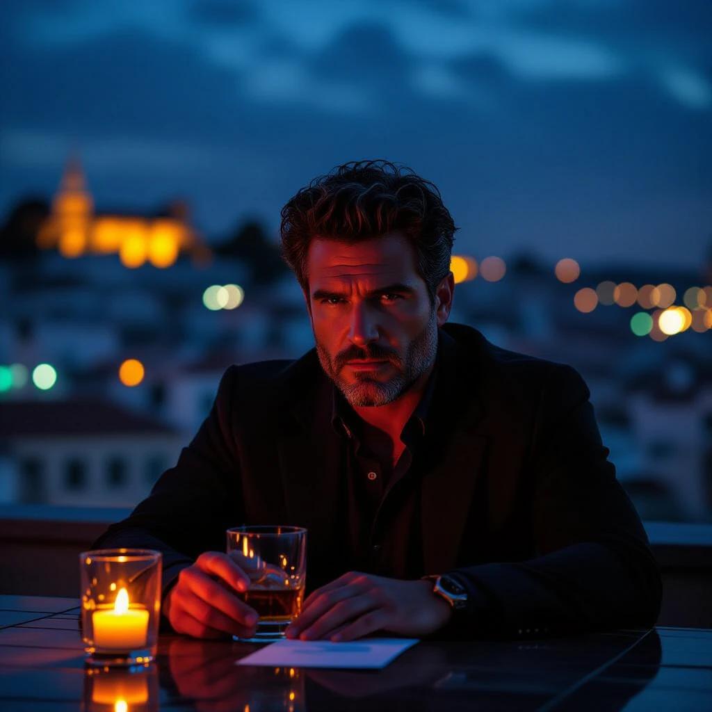 Gabriel Del Toro sits at a rooftop bar in Lisbon at night. City lights glow in the background. A drinking glass reflects neon lights. A shadowy agent slides a dossier across the table. The atmosphere is neon noir. The urban skyline is visible. Rooftop textures add depth. The gaze is intense.